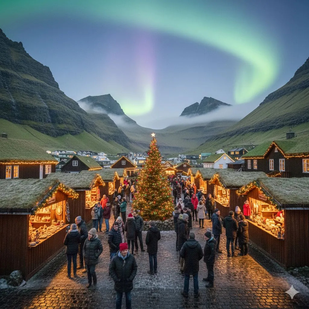 Christmas market with wooden stalls and tree under aurora borealis in mountain valley with visitors walking
