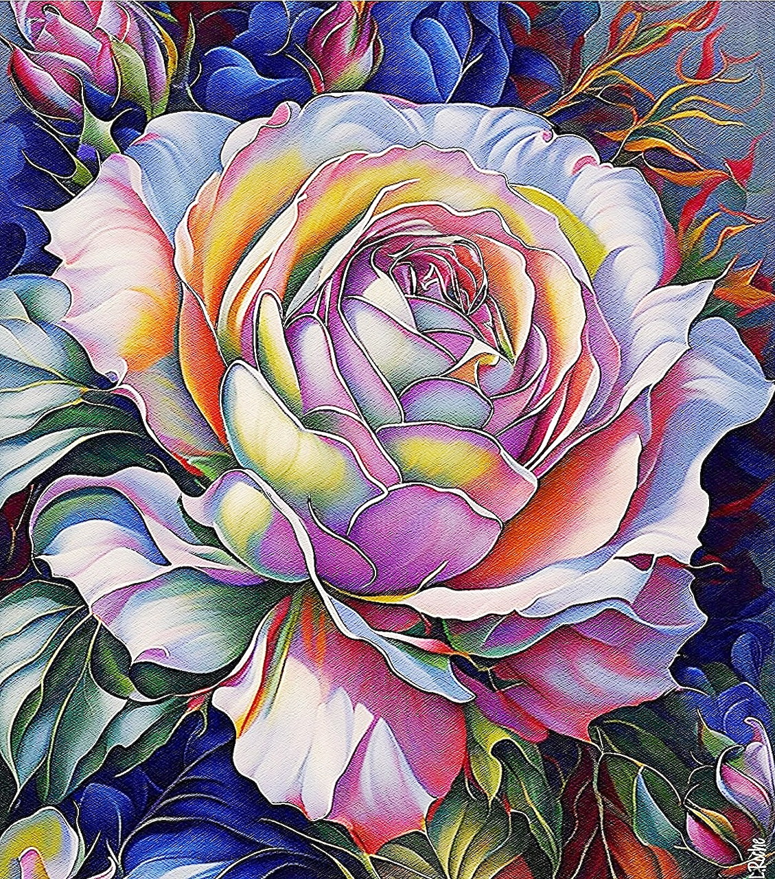 Colorful artistic rose with rainbow gradient petals against dark blue floral background