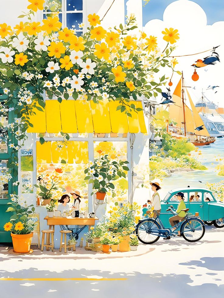 Illustration of a bright flower shop with yellow flowers, children playing, a bicycle, and a teal car near the water.
