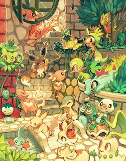 Colorful illustration of multiple grass-type Pokemon in a garden setting with stone steps and greenery
