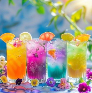 Five tall glasses filled with colorful layered drinks garnished with citrus and flowers on a table outdoors
