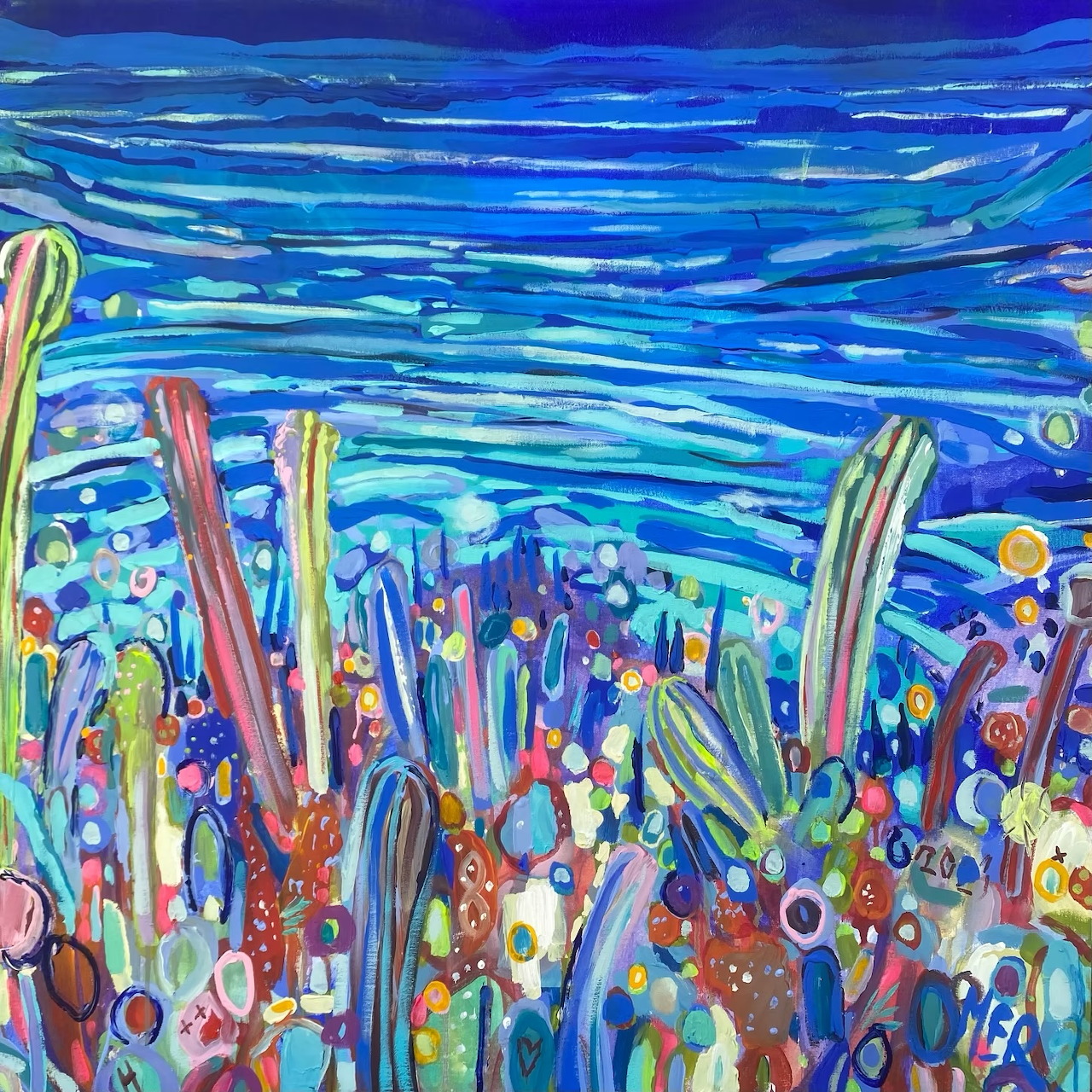 Colorful impressionist painting showing exotic plants and cacti by a blue ocean