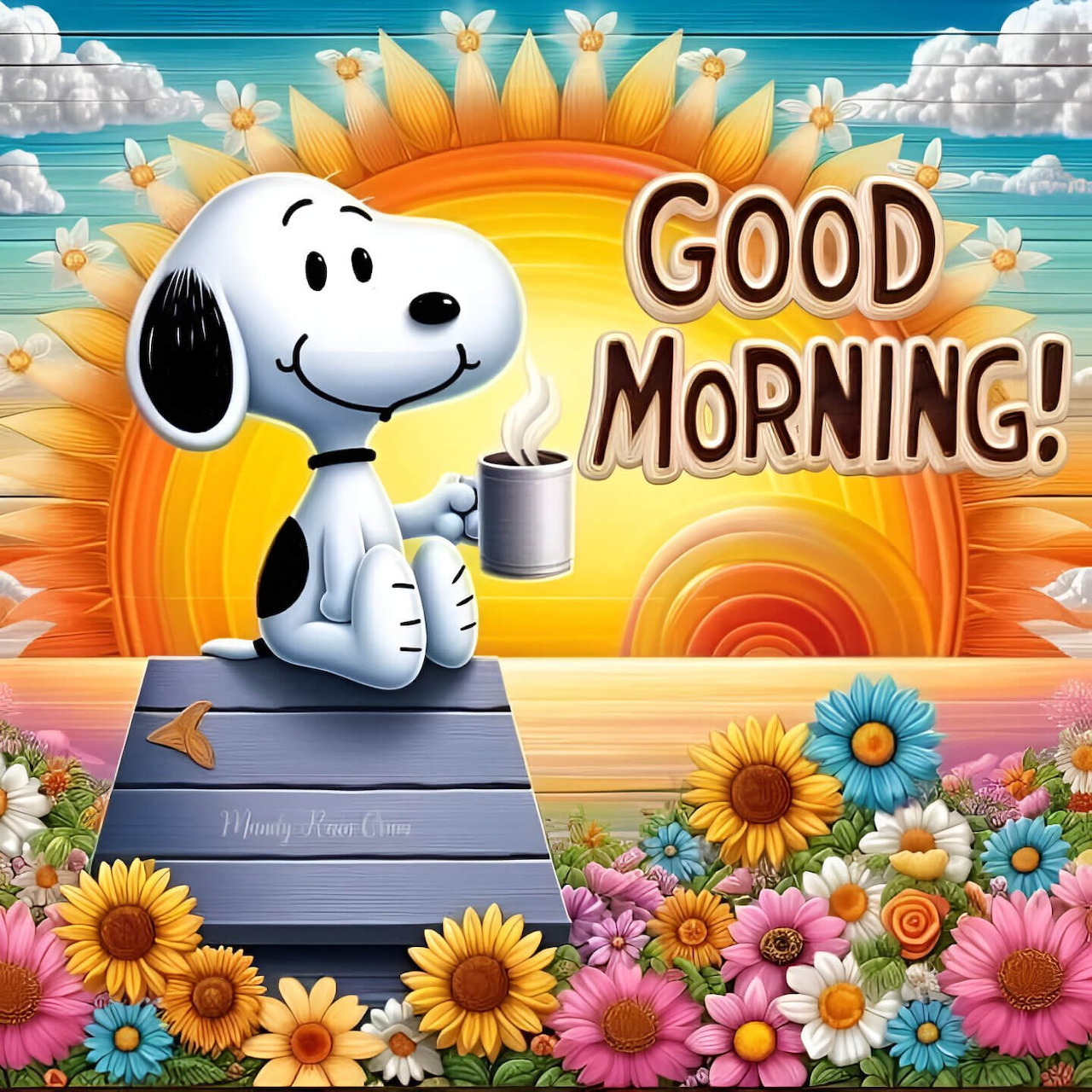 Snoopy character sitting with coffee mug, surrounded by colorful flowers and sunrise with Good Morning text