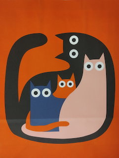 Stylized illustration of three cats with big round eyes on an orange background
