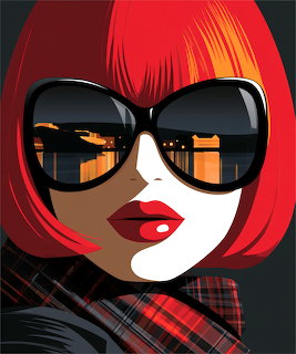Illustration of woman with red bob haircut, oversized sunglasses reflecting city buildings, red lipstick, plaid collar