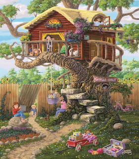Children playing around a whimsical multi-level treehouse built in a large tree with garden and toys