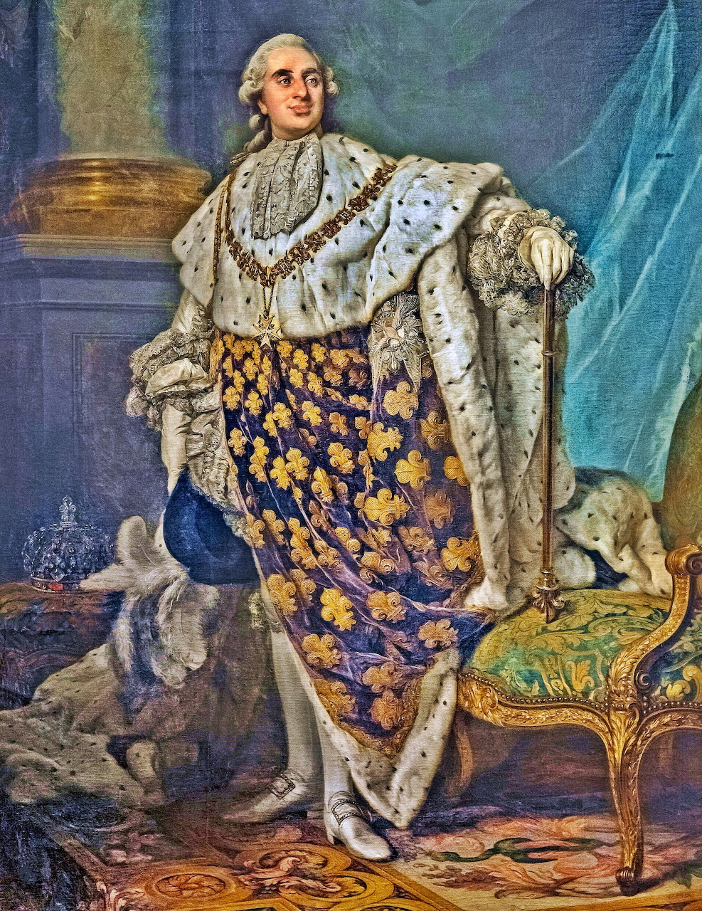 Oil painting of King Louis XVI standing in elaborate blue and gold coronation robes with ermine cape