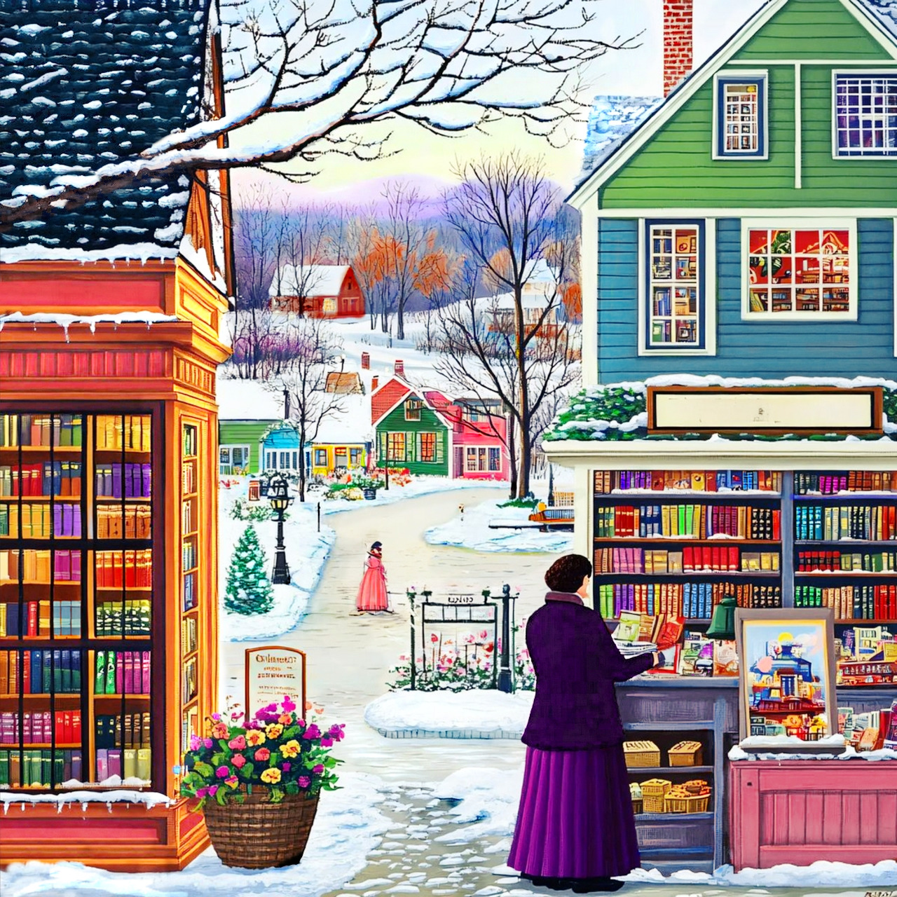 Woman in purple coat shopping at snowy village bookstore with colorful book displays and cottages
