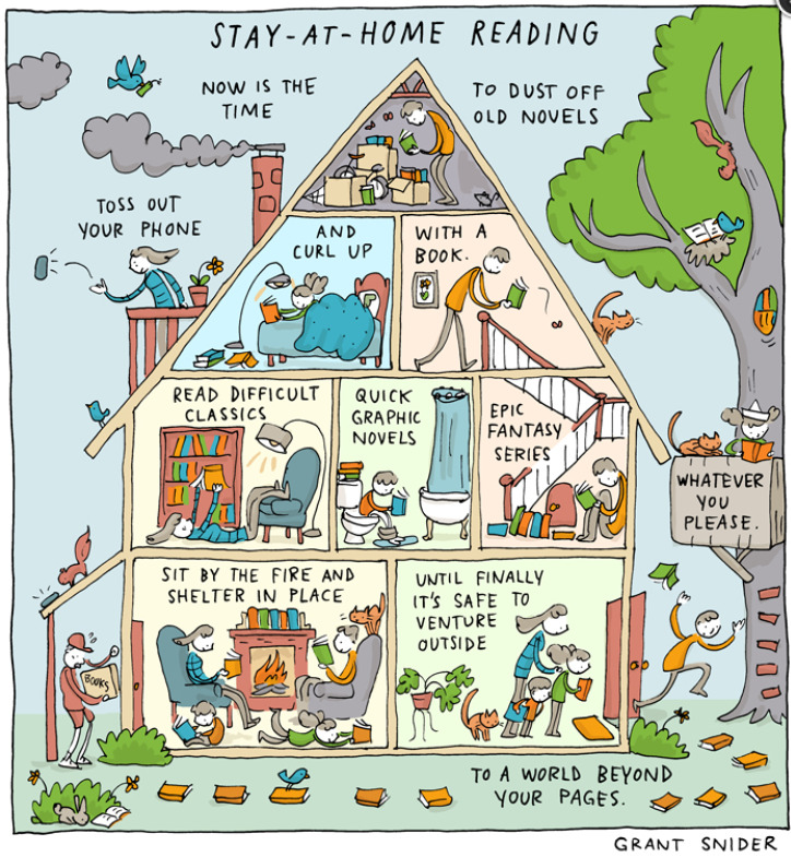 Cartoon house cross-section with people reading in different rooms, surrounded by playful details and text labels