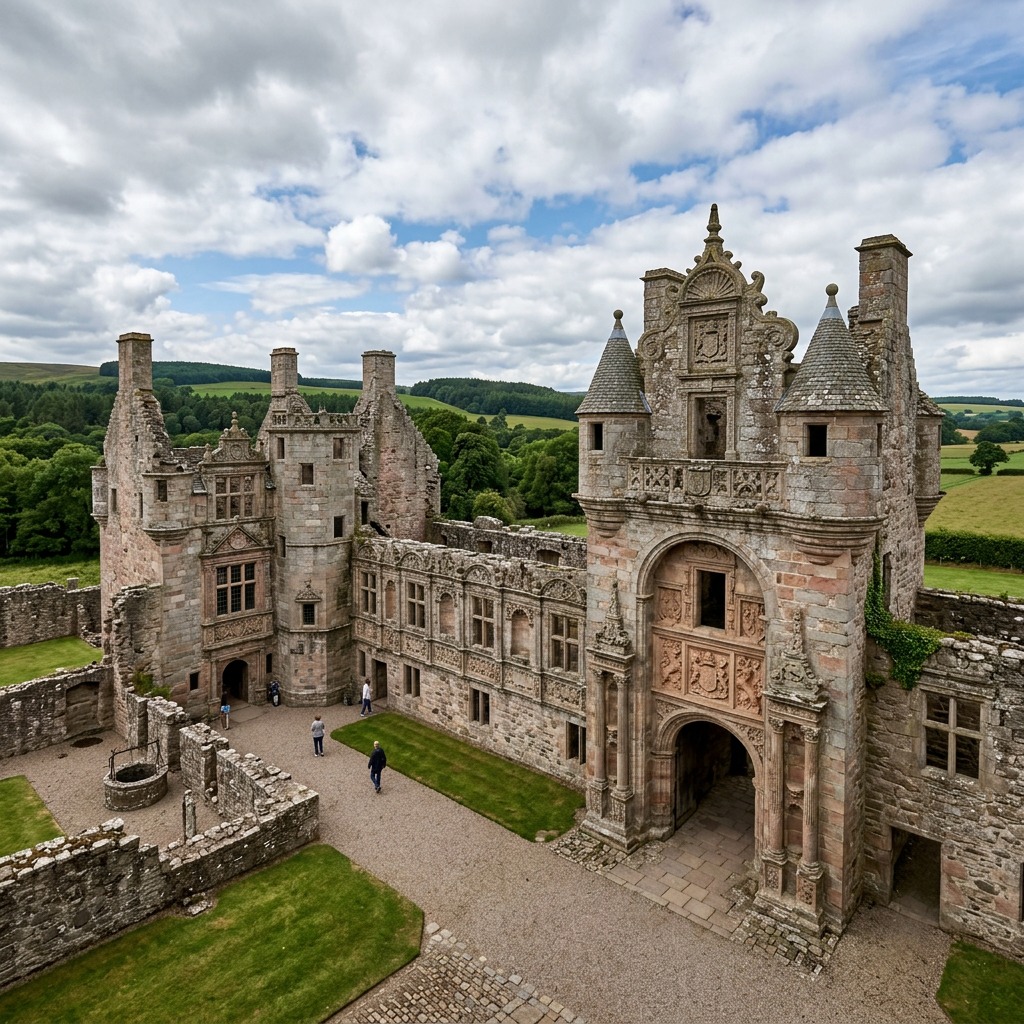 Stone ruins of Tolquhon Castle in Scotland with a courtyard and cloudy sky