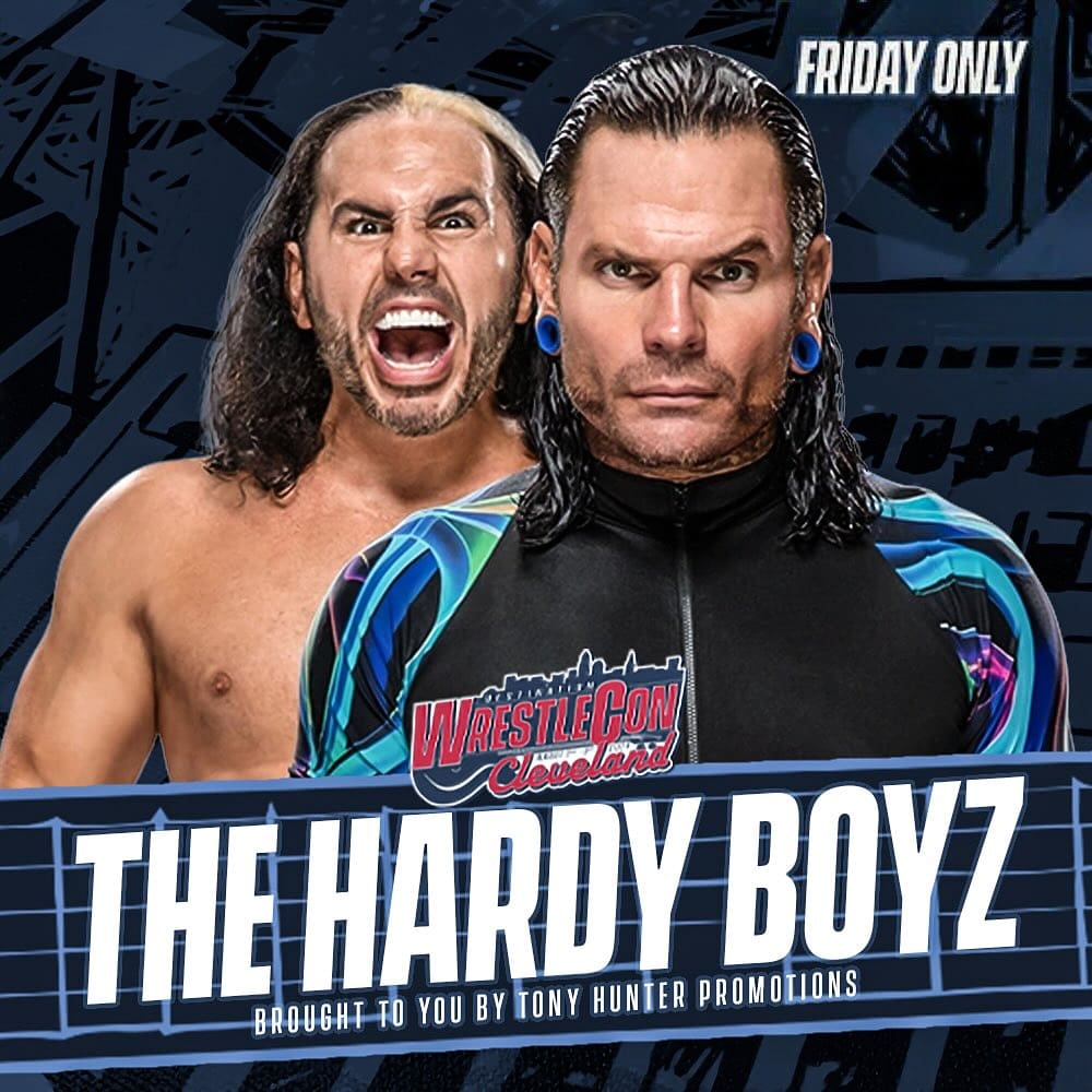 Promotional image of The Hardy Boyz with two wrestler portraits and large white text
