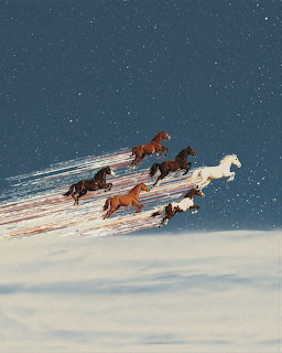 Fantasy illustration of horses running through a blue sky above pale clouds