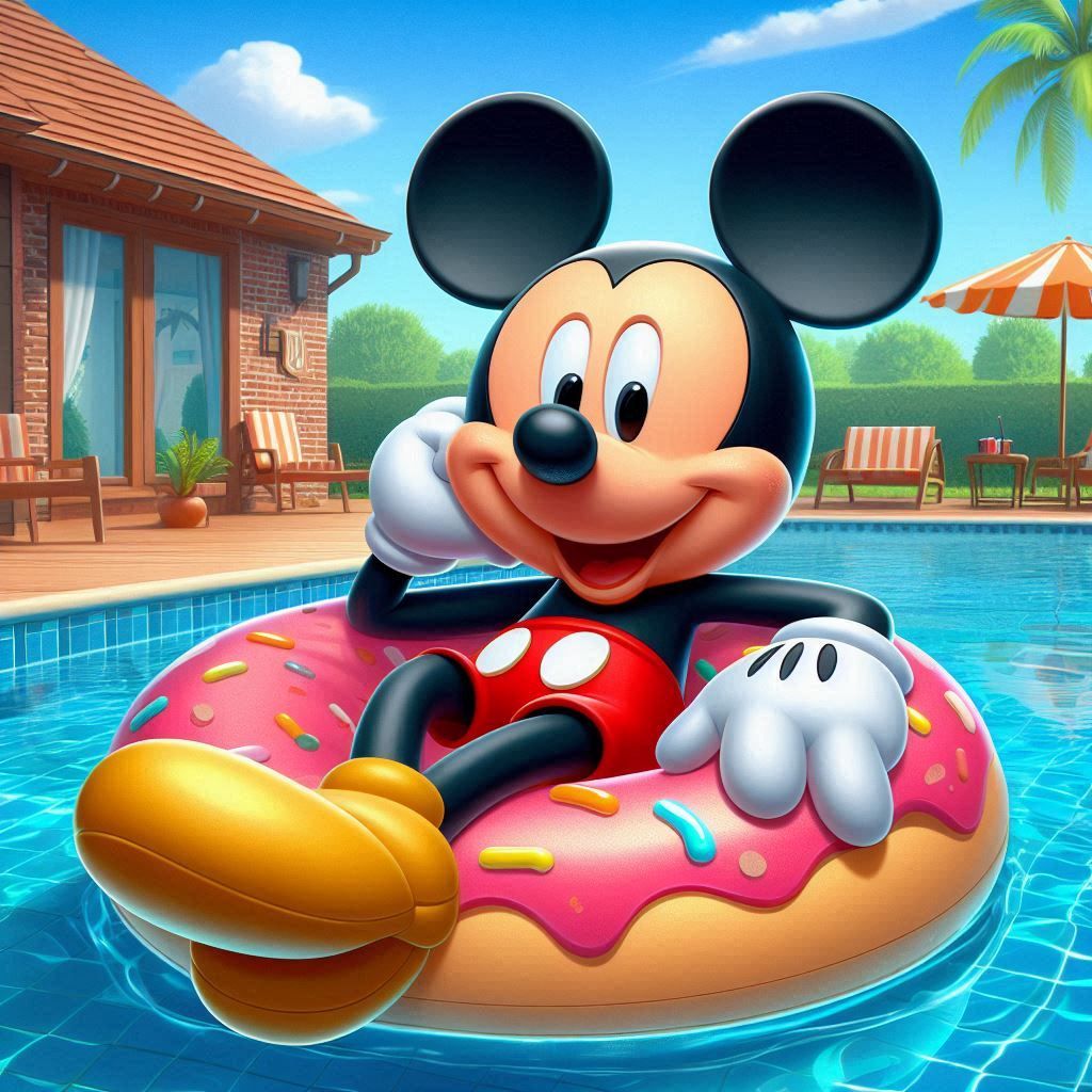 Mickey Mouse lounging on a pink donut pool float in a bright backyard swimming pool