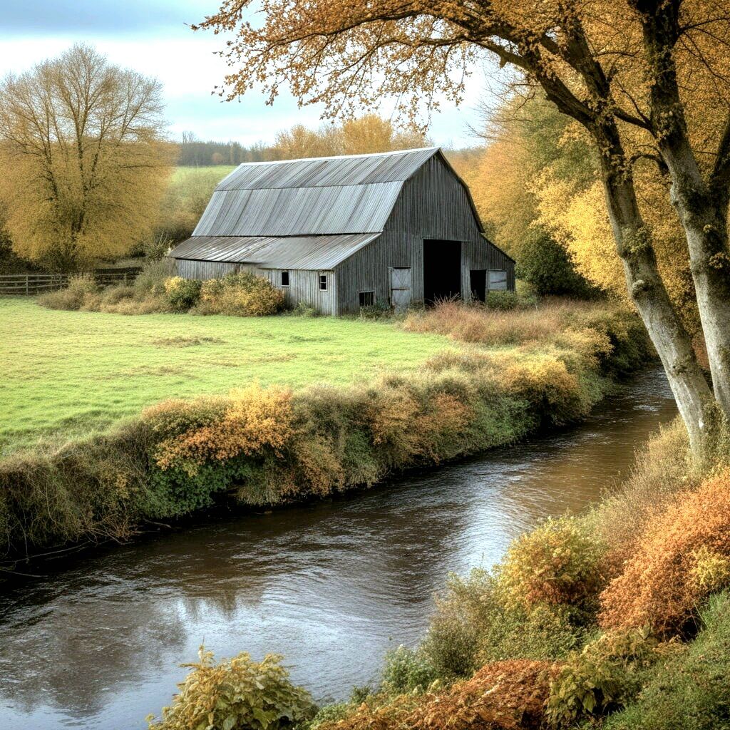 Old barn beside a stream with autumn trees and grassy field