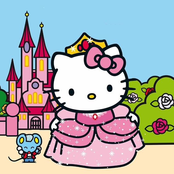 Hello Kitty dressed as a pink princess with a crown, castle, and roses in the background