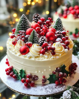 White Christmas cake topped with red berries, red ornaments, cream swirls, and miniature snowy trees