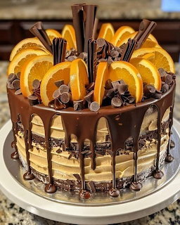 Round layer cake with chocolate drip, topped with orange slices, chocolate wafers, and berries