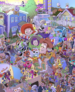 Colorful illustrated Toy Story poster showing Woody, Buzz and toy characters in busy neighborhood with crowds