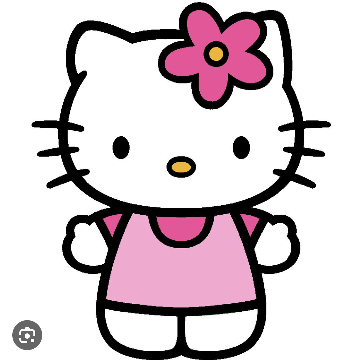 Hello Kitty cartoon character wearing pink dress and flower bow