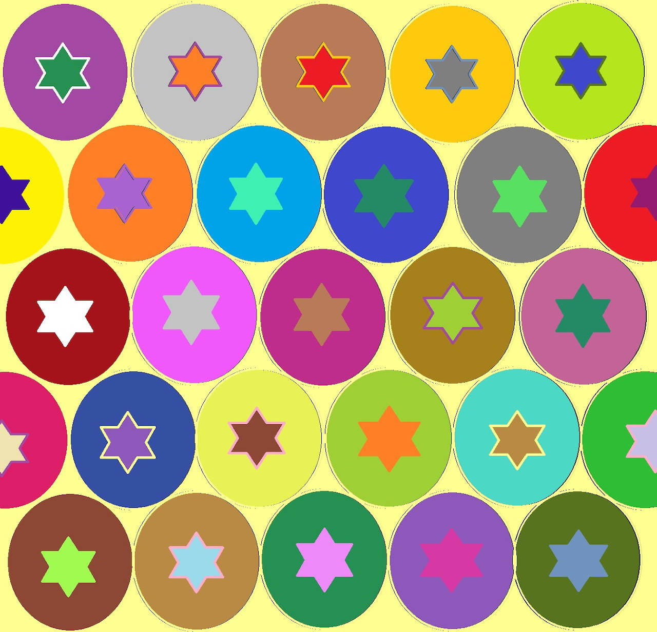 Grid of colorful circles containing stars in different colors and styles