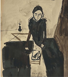 Expressionist self-portrait of a seated woman in dark clothing holding a bag indoors