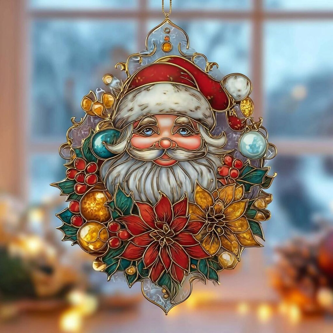 Colorful stained glass Santa Claus suncatcher ornament with floral design hanging in window