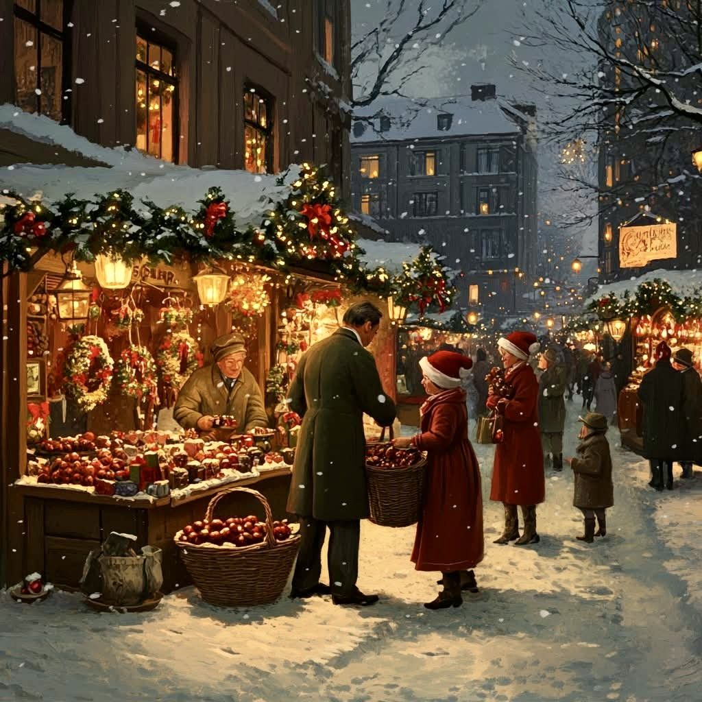 People shopping at a decorated Christmas market stall on a snowy evening street