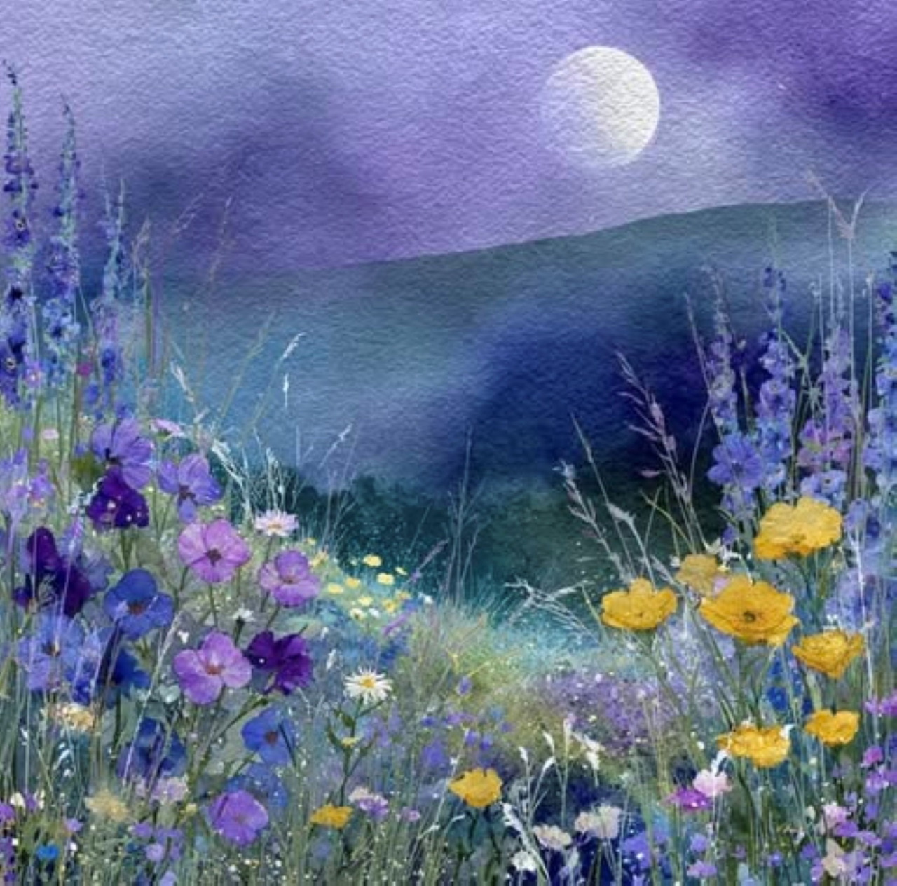 Painting of moon over hills with purple and yellow wildflowers in meadow