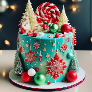 Turquoise Christmas cake topped with candy cane lollipop, white chocolate trees, red and green ornaments, and snowflake decorations