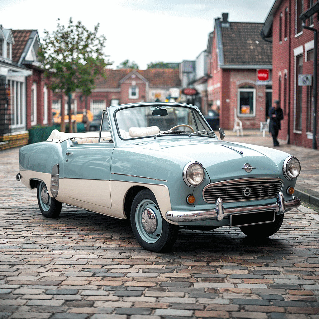 Vintage light blue and white Opel Kadett convertible on cobblestone street in historic town