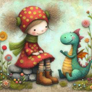 Whimsical girl in a red polka-dot dress sitting beside a small blue dragon among flowers