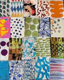 Grid of colorful fabric swatches with varied patterns including dots, florals, geometric shapes, and abstract designs