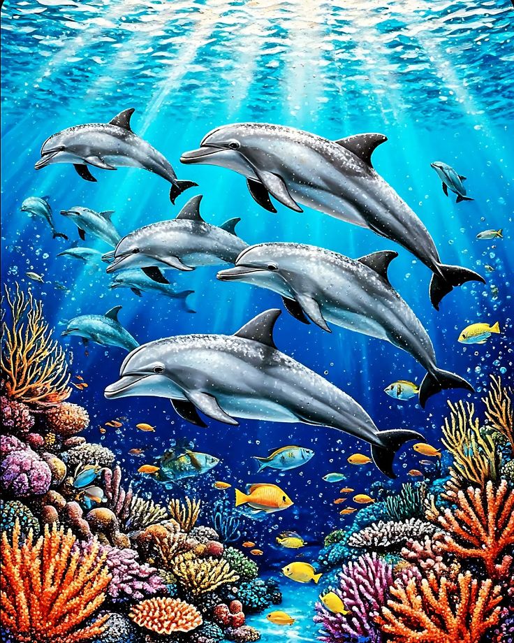 Pod of dolphins swimming above a colorful coral reef with tropical fish in blue ocean water