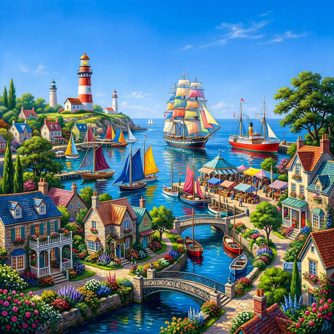 Colorful illustrated port town with ships, lighthouse, bridge, and waterfront buildings surrounded by gardens