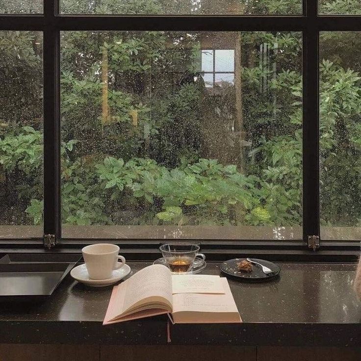 Open book with coffee and pastry on cafe windowsill, rain-covered window showing green garden outside