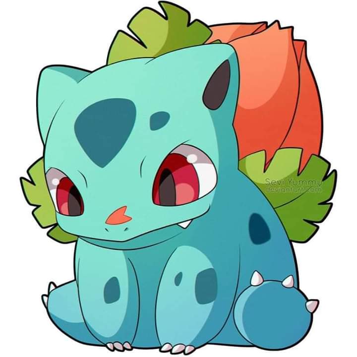 Cute cartoon Bulbasaur Pokemon with turquoise body, red bulb, and green leaves sitting