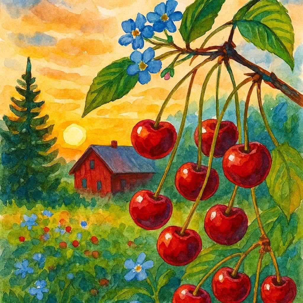 Painting of red cherries on a branch above a red cottage in a flowered meadow at sunset