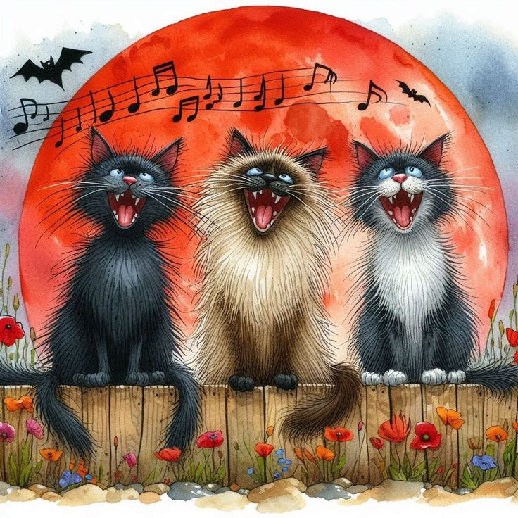 Three fluffy cats singing with musical notes against an orange moon background