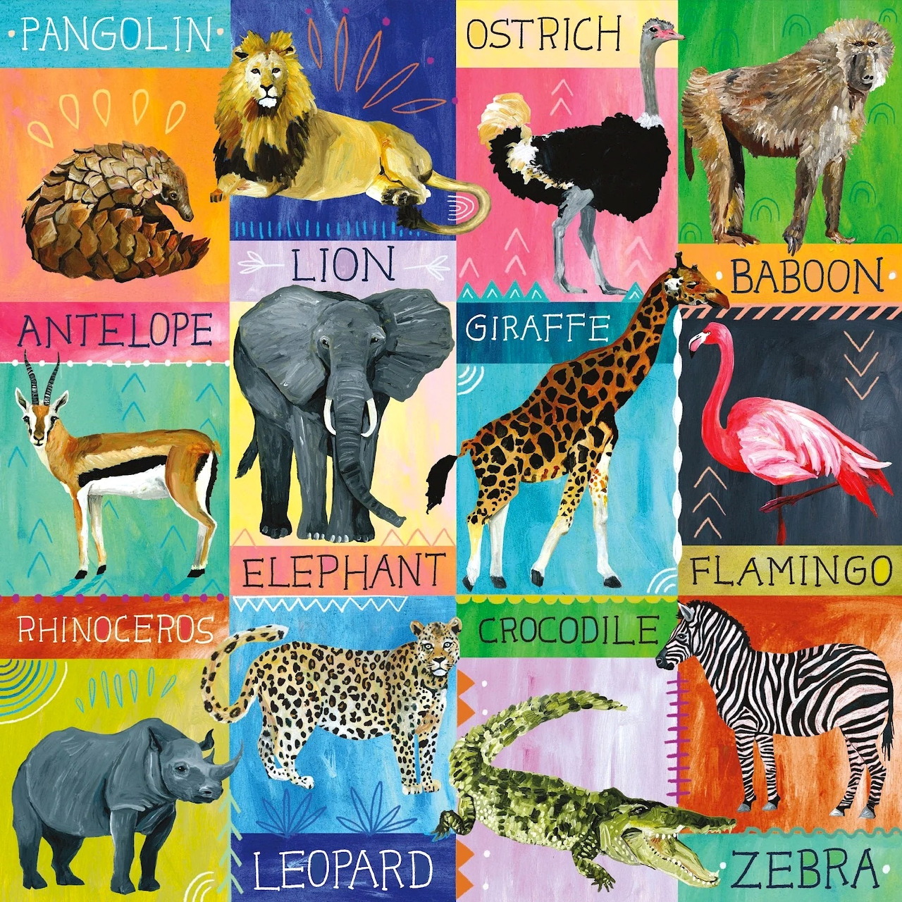 Grid collage of 12 illustrated African safari animals on vibrant colored backgrounds with animal name labels