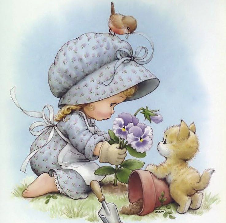Illustration of a bonneted little girl holding flowers while a kitten sits beside a tipped flower pot