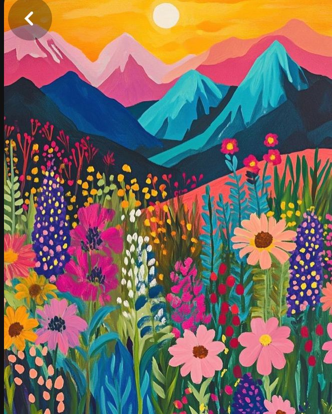 Colorful illustration of wildflowers with layered mountains and an orange sky