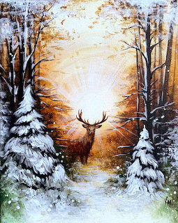 Painting of a deer standing in a snowy forest with golden sunlight glowing behind it
