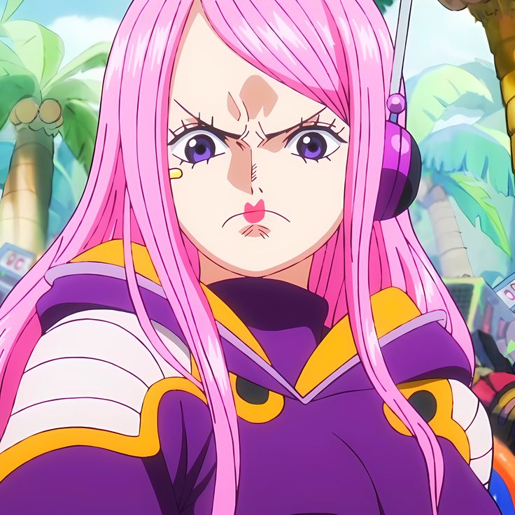 Anime girl with long pink hair wearing purple and gold outfit with headphones, determined expression
