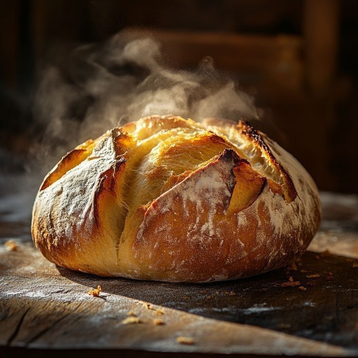 Fresh rustic bread loaf on a wooden table with steam rising