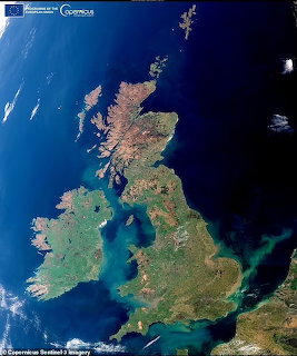 Satellite view of the United Kingdom and Ireland from space