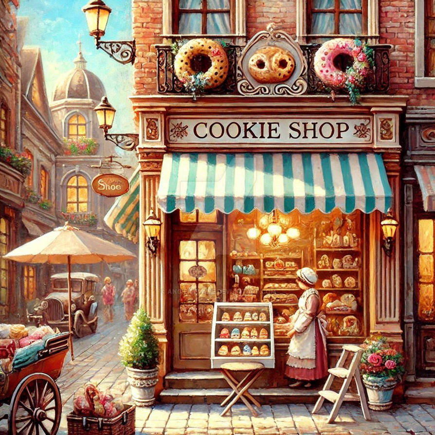 Illustrated cookie shop storefront with striped awning, display shelves of pastries, and cobblestone street setting
