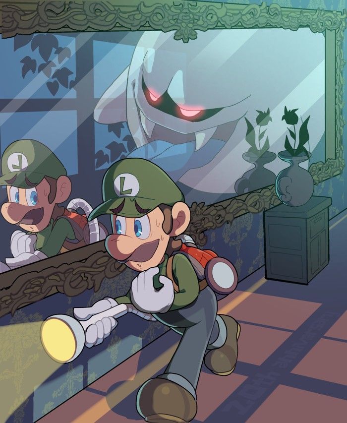 Luigi searching for King Boo in a spooky Mario-themed scene