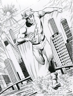 Black and white ink drawing of The Flash superhero sprinting through a city with tall buildings
