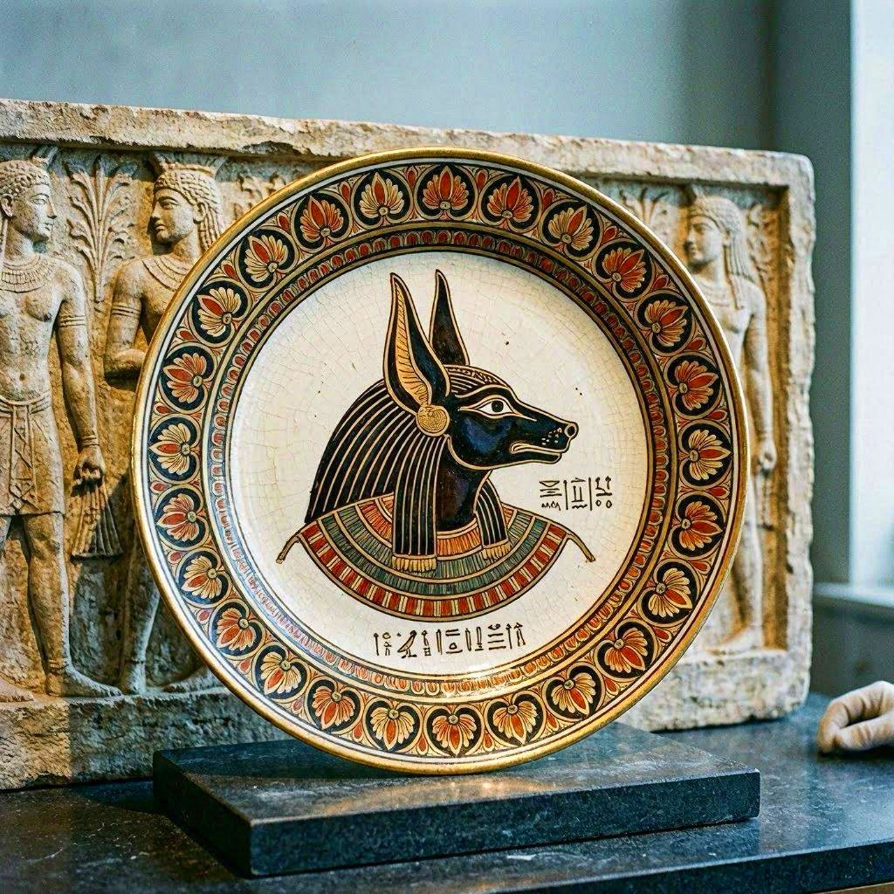 Ceramic plate with Anubis profile and hieroglyphics in Egyptian art style on textured stone background