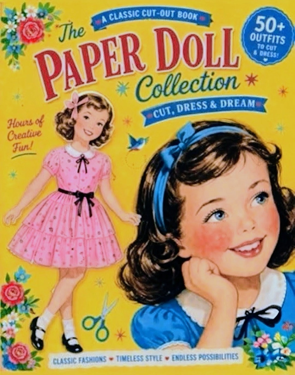 Vintage paper doll collection book cover with a smiling girl and a paper doll in a pink dress